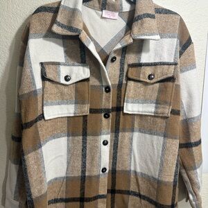 Pink Lily Plaid Jacket in Tan and White